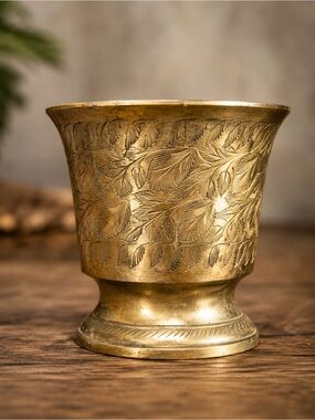 Vintage MYK India Brass Footed Cup Bowl‎ Engraved Leaf Design 3.5”